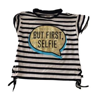 Total Girl Stripe Shirt Top Sz 5 Short Sleeve But First Selfie Black White Logo
